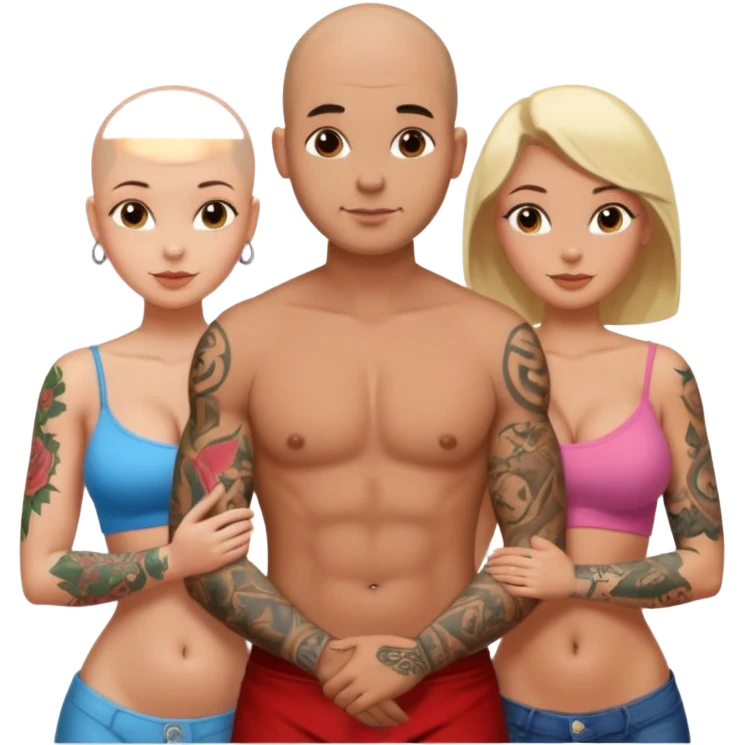 throuple tattooed sleeves bbald male with topless naked big boobed brunette and topless naked big boobed blonde girlfriends  lovingl  and sexy polygamy  emoji