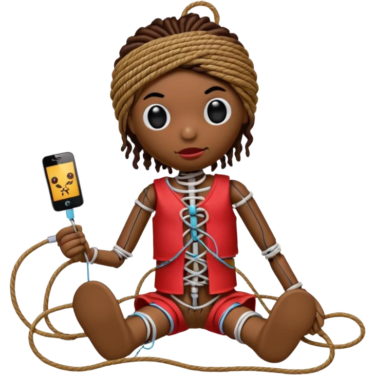 voodoo doll tightly bound with tangled AUX cables. emoji