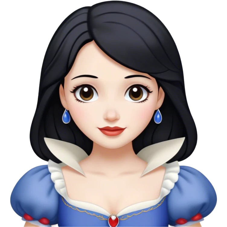 Cinematic Radiant Snow White Portrait Emoji, rendered in a realistic, vector style with clean proportions. Show Snow White with a soft, welcoming smile, delicate porcelain skin, and neatly arranged raven hair, wearing her timeless dress. The image radiates a warm, inviting glow, high shine, and is enhanced by a soft glowing outline that accentuates her gentle beauty. emoji