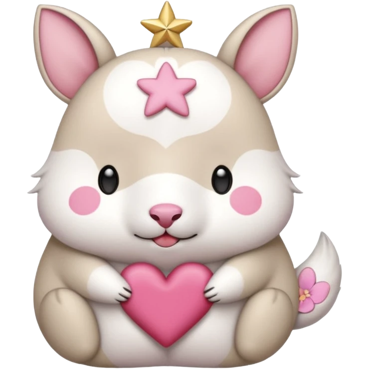 GENERATE ME A MOMONGA WHITE ANIMAL  FROM CHIIKAWA AND PUT A SAKURA FLOWER ON HIS HEAD AND A STAR PELT ON HIS BELLY AND A HEART PURSE ON HIS ARM WITH HIS FACE MAKE HIS TOUNGE STICK OUT WITH A LITTLEPINCH OFDROOL AND MAKE HIM ANIME STYLED ART emoji