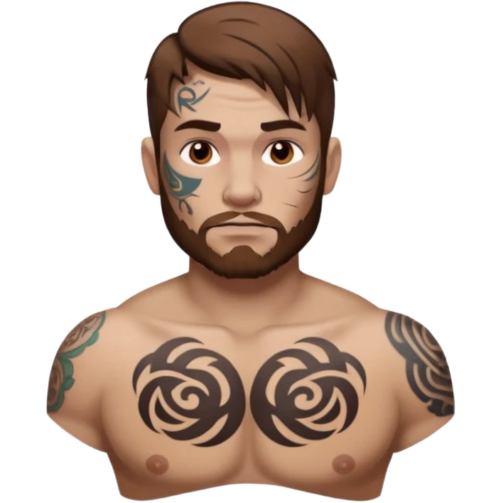 tattoo man, full  white skintone,brown hair, tattoos on face, more visible, bulky man with tattos on his chest, heavy tattoos. emoji