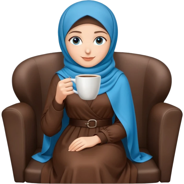 Turkish beautiful finish Konya girl blue eyes with brown hijab long tail dress and sits on the chair on the ground and holds cup coffe with her hand  emoji