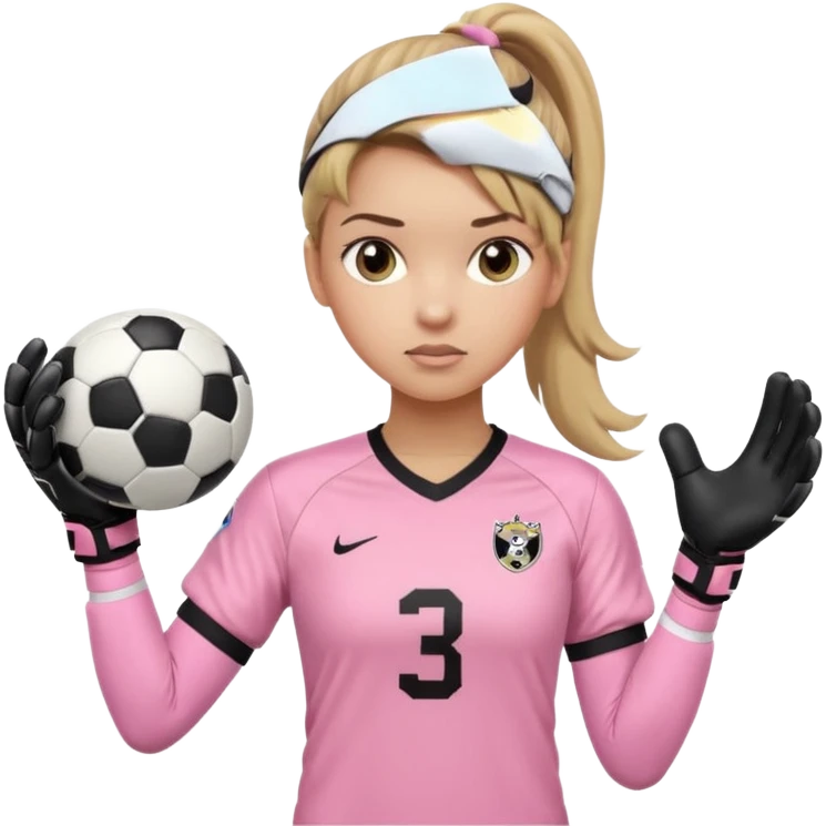 Make a dirty blonde football goalkeeper with goalkeeper gloves on holding a regular  The girl is light skinned and wearing a light pink football. Wearing a ponytail on back of head. Make it without the whole body. With full sleeves. WITHOUT A RUGBY BALL JUST REGULAR BLACK AND WHITE BALL. emoji