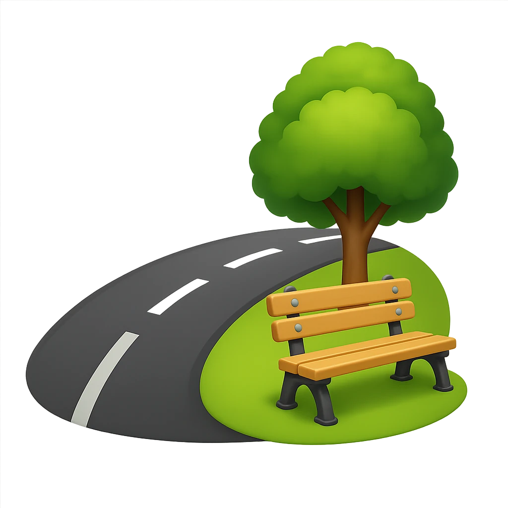 Emphasize the street and reduce the number of trees in the image. The style should resemble emoji style with a transparent background. emoji