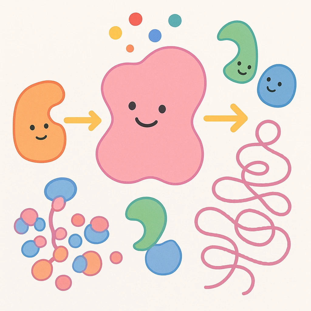 Ultra-detailed scientific illustration  (like in a school book) of enzyme digestion. Macro molecular view, clean white background, no text, no human figures or cartoon characters. Purely biological focus and really detailed emoji