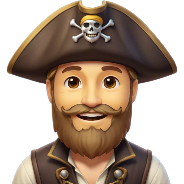Clash of Clans aesthetic Cheerful Pirate Portrait Emoji, With a bright, confident smile and a relaxed yet adventurous posture, showcasing a stylized, rugged build with a classic pirate hat and a neatly groomed beard, his face in natural skin tone, Simplified yet expressive features, highly detailed, glowing with a soft, luminous maritime radiance, high shine, upbeat and daring, stylized with an air of classic swashbuckler allure, soft glowing outline, capturing the essence of a cheerful pirate ready to chart epic voyages! emoji