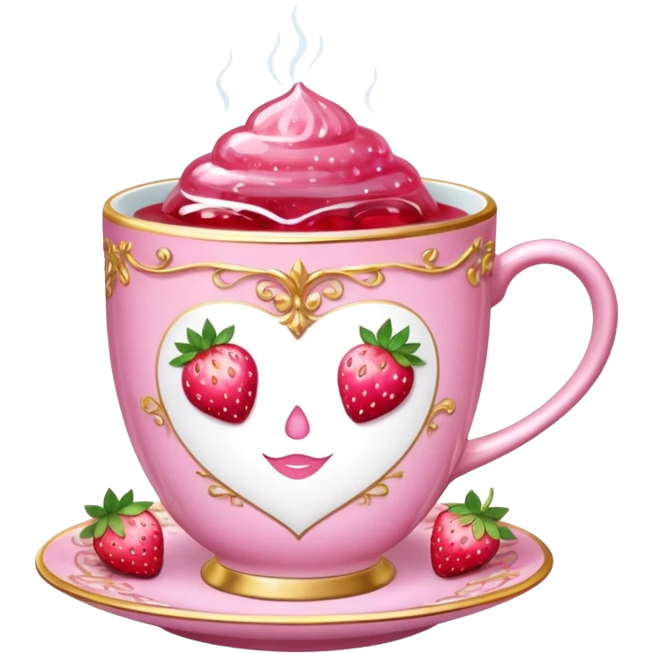 Pink sparkling tea cup with strawberry tea in it emoji