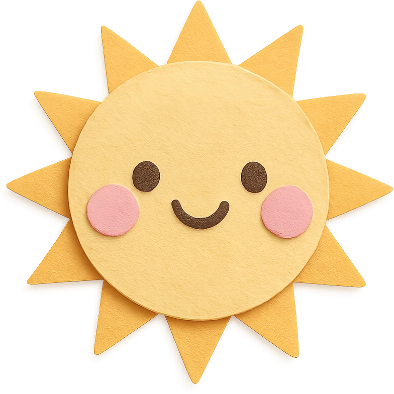 kawaii bright sun, smiling face, pink cheeks, soft pastel palette, no arms or legs, full body, paper craft style emoji