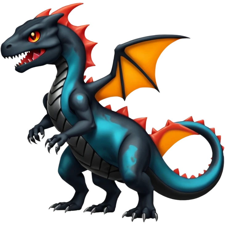 Shiny Black Gothic Futuristic Spooky Evil Exotic Colorful Dark Duskull-Salandit-Charizard-Charmeleon-Fakémon-hybrid-creature (full body)  emoji