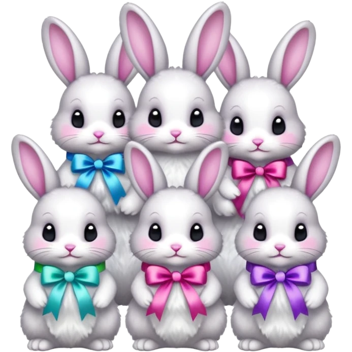 family of baby bunnies in line with ribbons holding crystals emoji