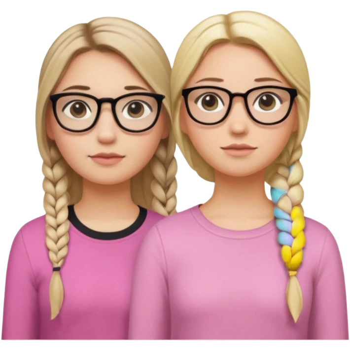 Two girls a taller girl with a black shirt and glasses dirty blonde long hair in a braid and eyeliner, second shorter girl with light blonde shoulder length straight hair with a side part and a pastel pink shirt emoji
