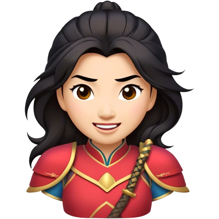 Cinematic Playful Mulan Portrait Emoji, Mid-laugh with a strand of hair falling over her face, adjusting her armor, eyes full of adventure, exuding an irresistible mix of beauty and fun, the perfect blend of warrior and princess! emoji