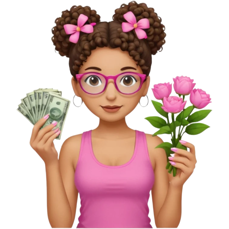 Uma menina com o cabelo cacheado com um Coque com baby hair, morena, e com uma regata rosa com um gloss na frente da regata ,com unha em gel,e com dinheiro na mão ,e com flores na outra mão,  com óculos  emoji