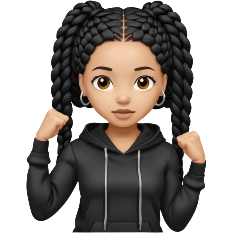 African American light skin girl with long black box braids wearing a plain black hoodie flexing arm muscles emoji