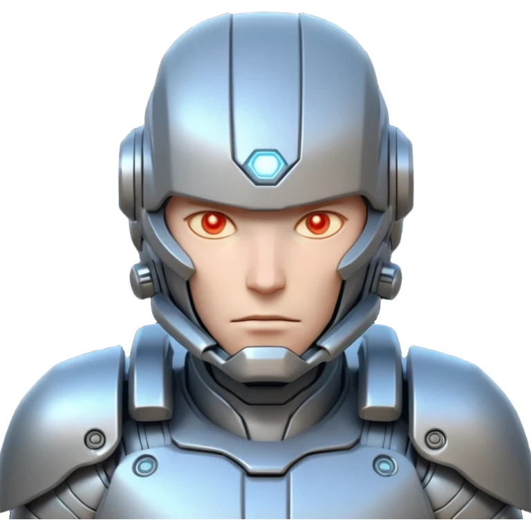 mechanical armored man portrait, head and shoulders only, futuristic metal armor, glowing energy lines, robotic shoulder plates, intense expression, sci-fi warrior vibe, 3D cartoon style, mobile game icon style, clean background, no text, no watermark
  emoji