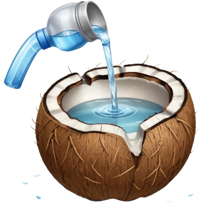 An uncut coconut with water being poured over it with hands cupping water emoji