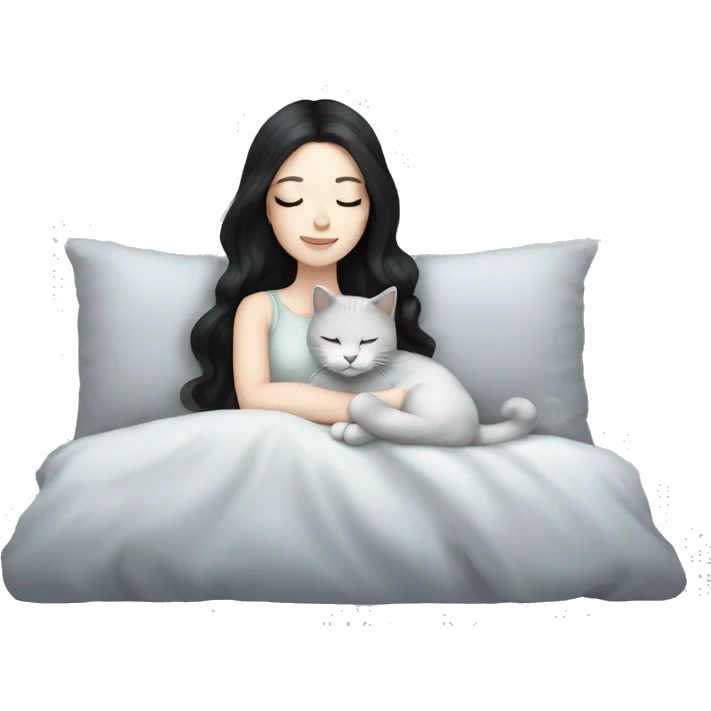 Pale skin girl black hair sleeping with light grey kitty emoji
