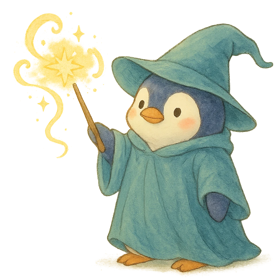 ghibli style penguin wizard casting a spell, soft colors emoji