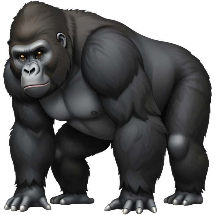 cinematic-gorilla-realistic-full-body-standing on all fours-emoji,-broad-and-powerful-frame-poised-with-confidence,-massive-arms-hanging-slightly-forward,-head-tilted-thoughtfully,-thick-black-fur,-deep-dark-eyes-full-of-intelligence,-simplified-yet-realistic emoji