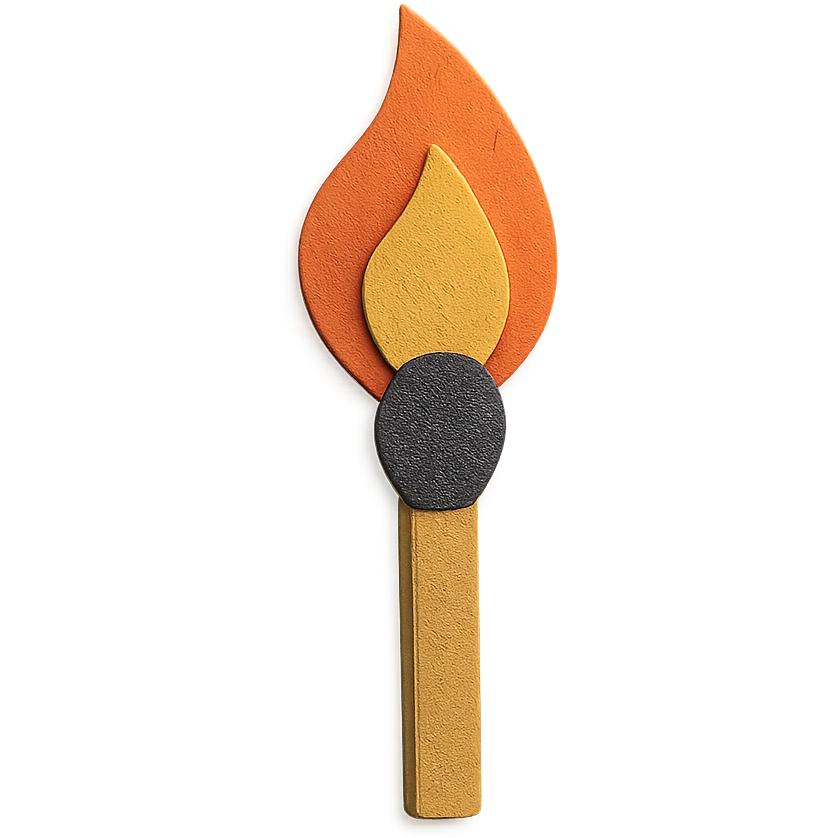 a lit match with flame burning, paper craft style emoji