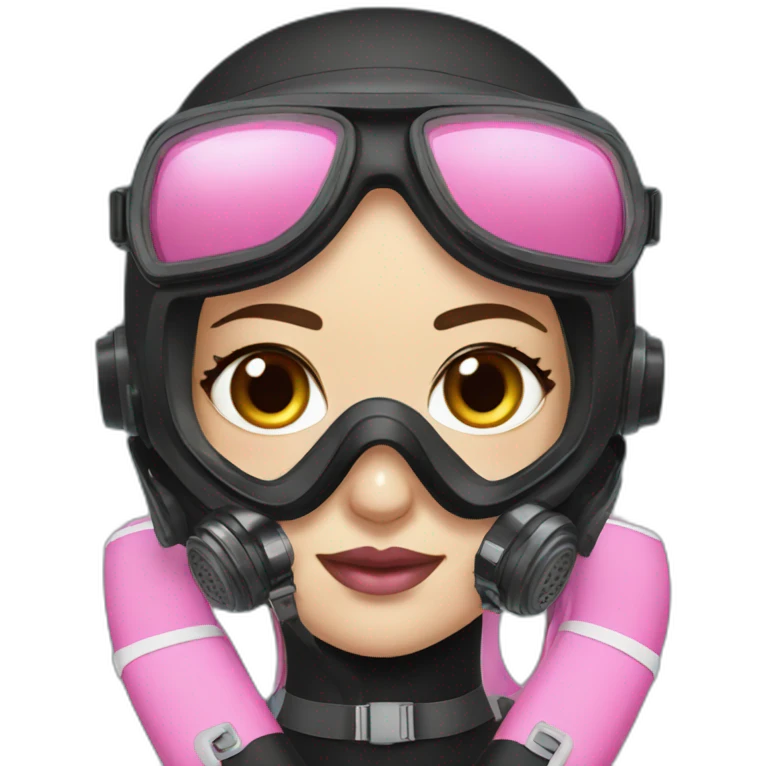 woman with brown eyes, pink diving mask with a single crystal. underwater black suit emoji