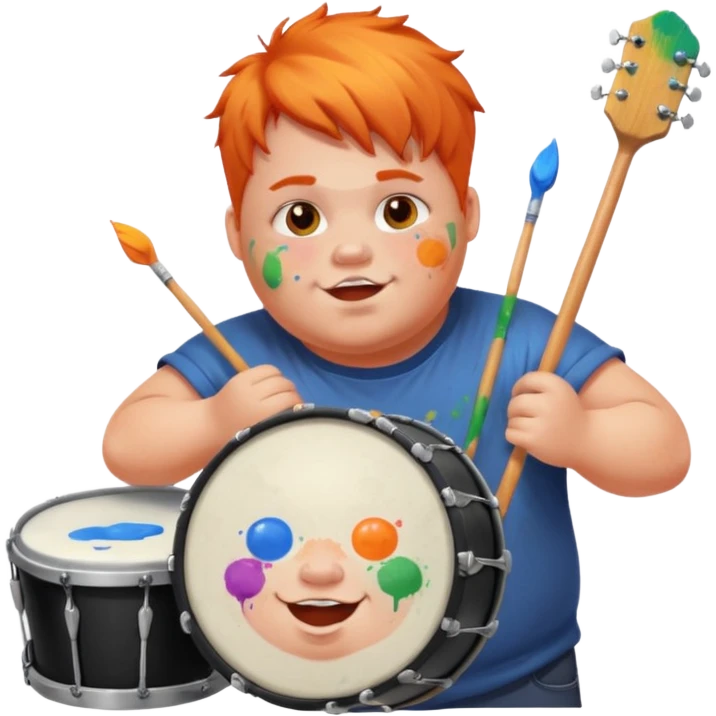A chubby orange hair fan pounding a bass drum, cheeks puffing with energy with paints on his cheeks emoji