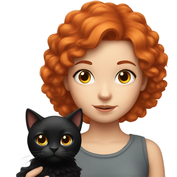 red haired girl with fluffy black cat emoji