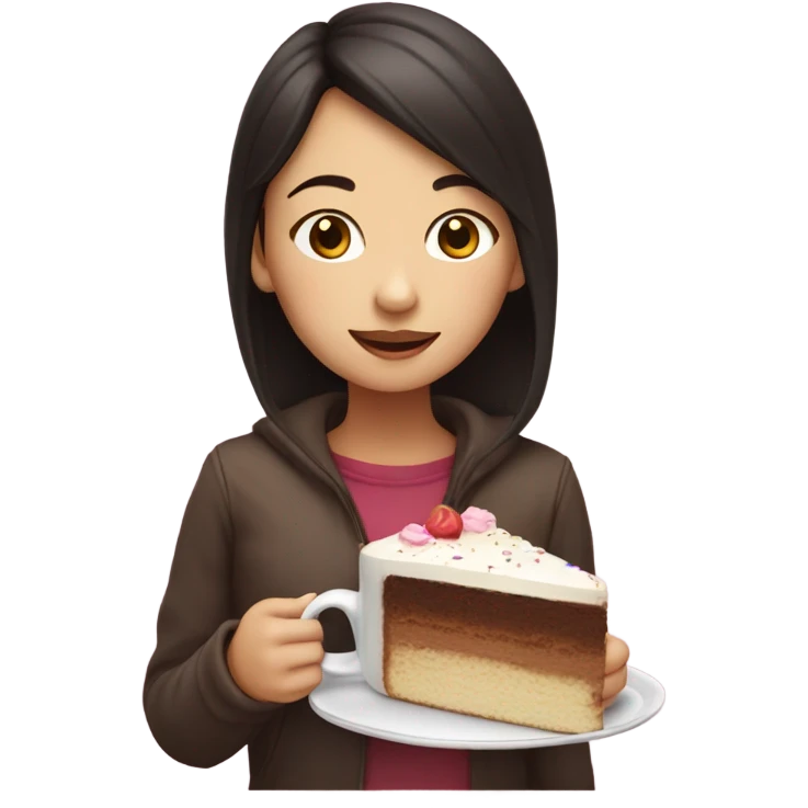 An Asian girl with enjoying a piece of victoria cake with a cup of hot chocolate emoji