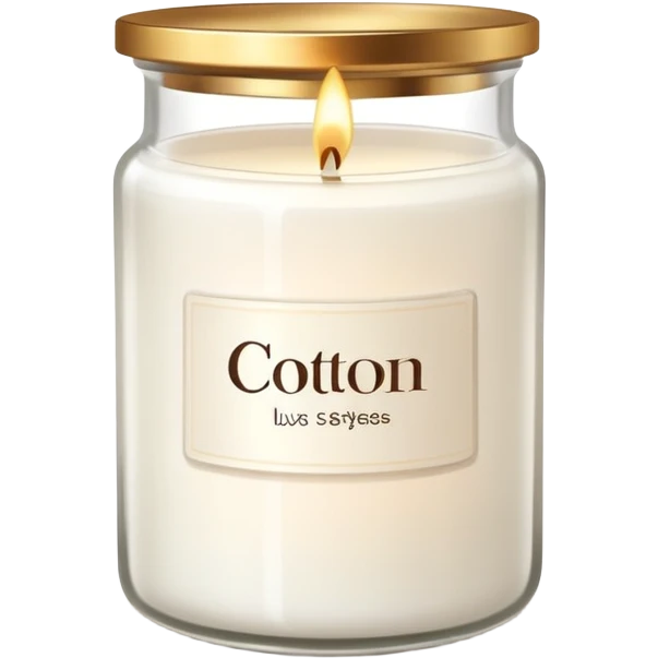 minimal flat emoji of a white scented candle in a glossy white glass jar with the write “cotton”, soft warm glow, clean vector style, elegant and modern, transparent background lux style emoji