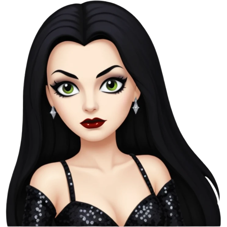 Vampira with long black hair, black sequin outfit emoji