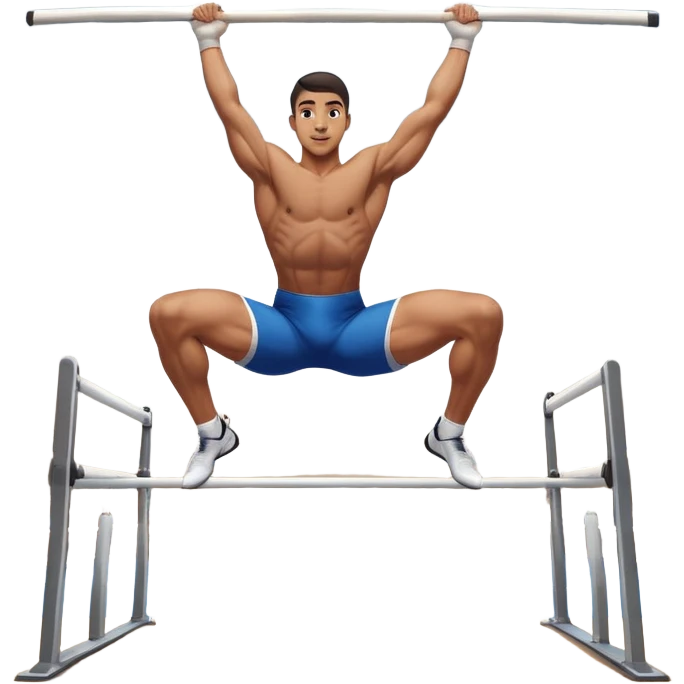 A professional male athlete performing on the parallel bars, showcasing strength and grace. His body is in mid-motion as he holds a perfect inverted position, demonstrating control and balance. The background features a bright gymnasium with high ceilings and a crowd cheering in the distance. emoji