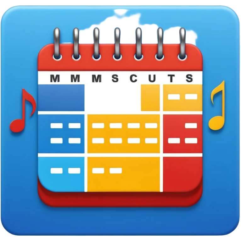 Flat icon, bright rectangular background with abstract color blocks (blue, yellow, red), black silhouette of a calendar grid, small musical notes around it, style of performing arts college logo, clean bold shapes, no gradients, high contrast, dynamic artistic composition. emoji