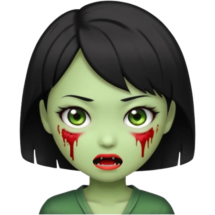 adorable Asian zombie girl emoji, very short Ada Wong inspired black hair, green skin, cute fangs, wink emoji