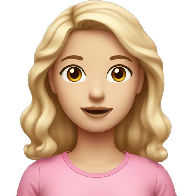 a girl with fair skin tone with a dark blonde slight wavy hair and light pinkish cheeks with colored eyes and a pink shirt emoji
