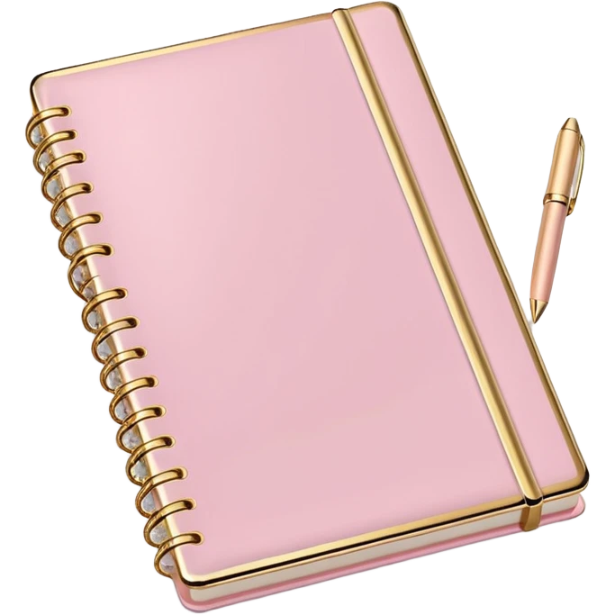 Luxury pastel pink notebook with gold metallic edges, soft shadows, high gloss finish emoji