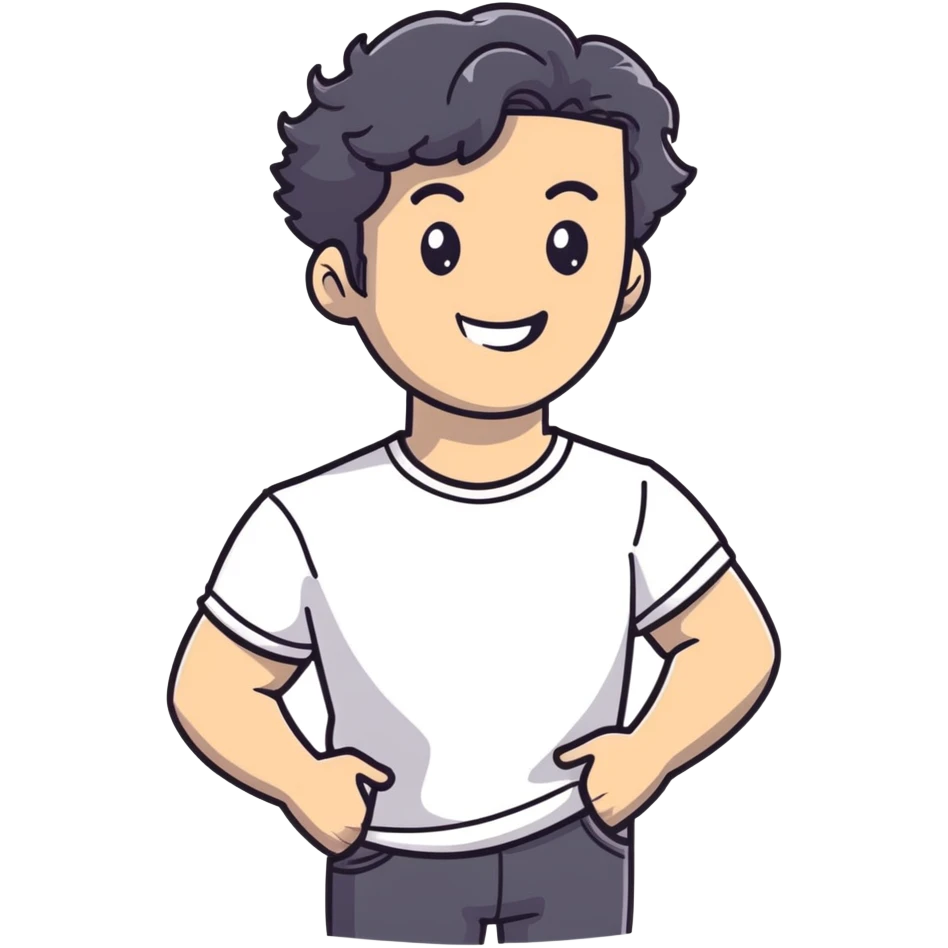 Casual business strategist with black wavy hair, stubble, strong features, white skin, wearing casual Friday outfit with no tie, leaning back relaxed, friendly smile, personal and approachable for Instagram profile emoji