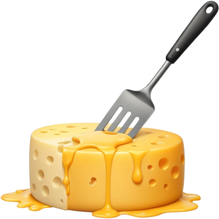 a half vertical wheel of cheese being scraped with a metal spatula, melted cheese flowing, modern emoji style, clean, transparent background emoji