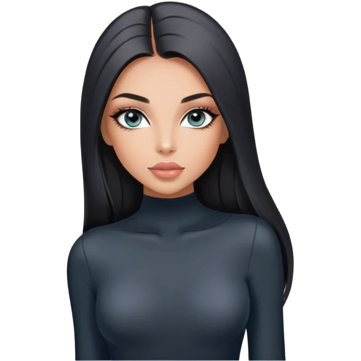 Glamours, tanned, very beautiful girl, with big pump peach-beige-rose lips, long long lashes, black straight smooth silky long hair, straight parting hair, blue-grey eyes in black long-sleeves bodysuit emoji