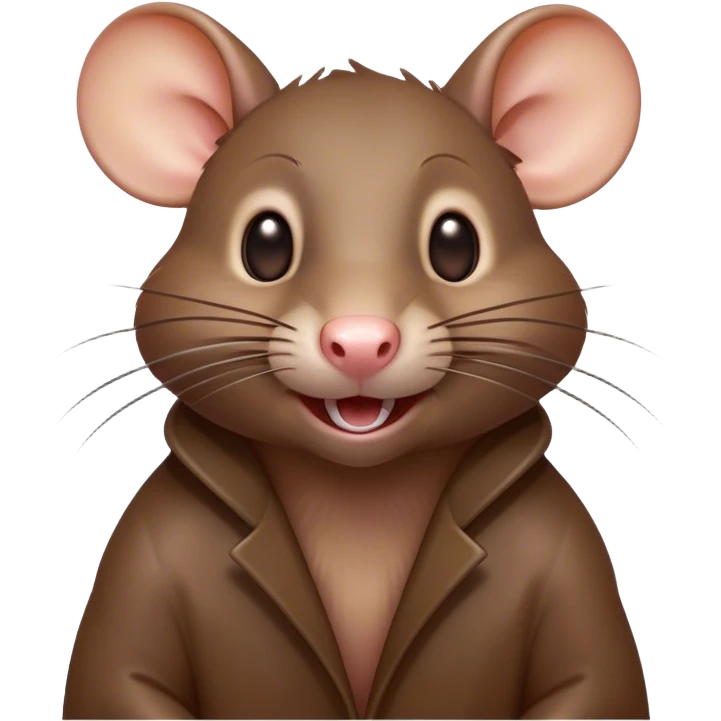 Cinematic Comical Brown Rat Portrait Emoji, Head tilted dramatically with an exaggeratedly amused expression, featuring a striking glossy brown coat with comically large whiskers and wide, expressive eyes filled with playful disbelief, Simplified yet hilariously expressive features, highly detailed, glowing with a slightly sassy glow, high shine, dramatic yet playful, stylized with an air of cheeky urban mischief, soft glowing outline, capturing the essence of a spirited and over-the-top rat that looks ready to scamper its way into internet fame instantly! emoji
