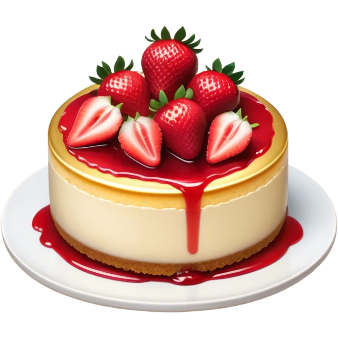 Cinematic creamy cheesecake, smooth and velvety, topped with fresh strawberries and a glossy fruit glaze, golden crumbly crust, beautifully plated, soft glowing background, indulgent and elegant. emoji