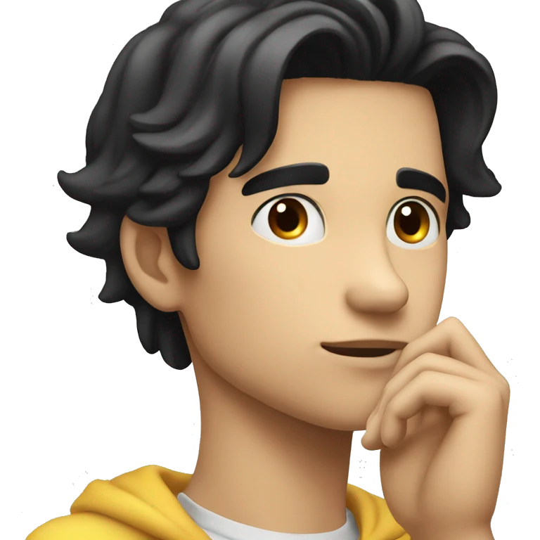 thinking with his hand on chin white young male with black hair without body just face and hand emoji