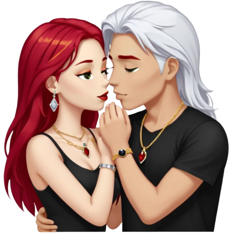 close-up of young couple kissing, girl with long cherry red hair and blonde eyebrows, gold A necklace, diamond ring, red bracelet, boy with stark white hair, silver ring with black stone, dark t-shirt emoji
