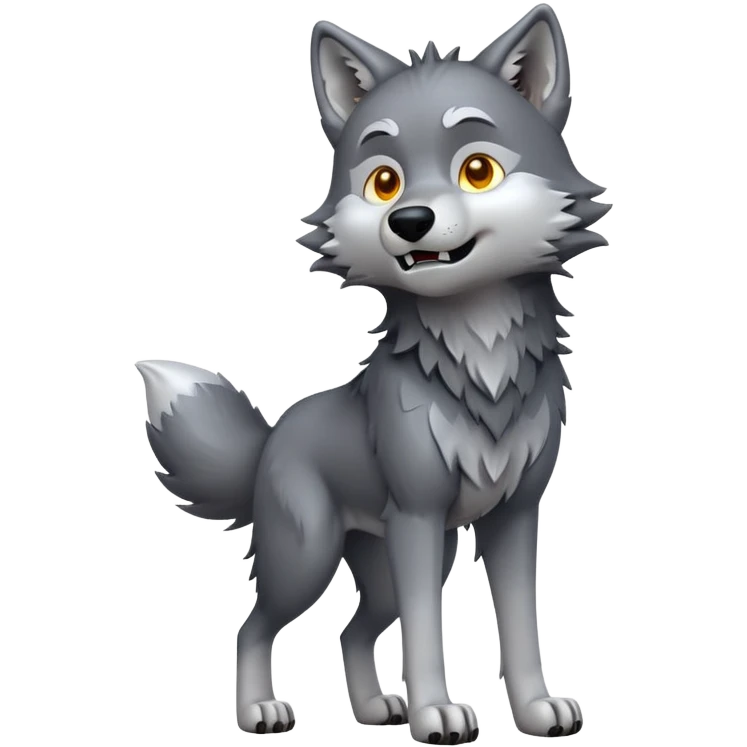 cinematic-[wolf]-realistic-full-body-standing-emoji,-tail-resting-loosely-beside-its-paws,-head-tilted-dramatically, -scruffy-[grey]-fur,-simplified-yet-realistic-focused-features,-highly-detailed,-glowing-with-an-almost-sarcastic-glow emoji