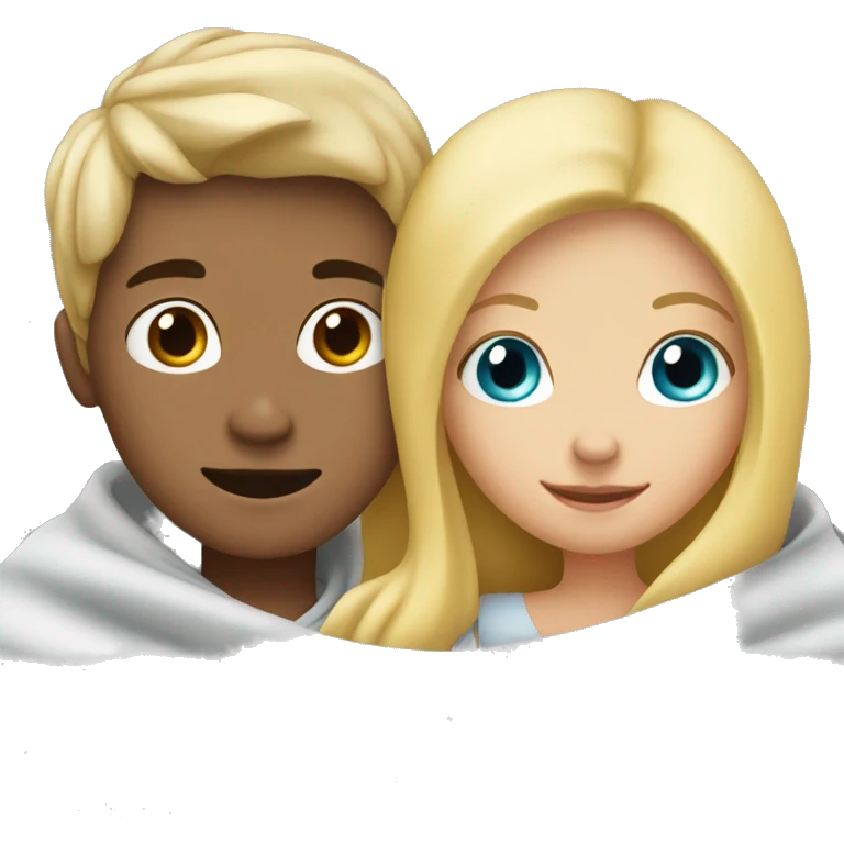 Blonde Girl and blonde boy hugging cuddled under a Blanket emoji