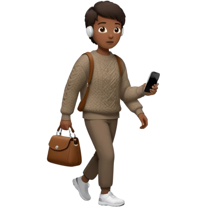 걷고 있는 사람
옷은 겨울에 어울리는 니트와 하의를 입었고 숄더백을 매었다.
머리카락 색깔은 어두운 갈색, 풀은 긴머리를 하고 있다 
귀에는 애플의 에어팟이 착용되어 있다 emoji