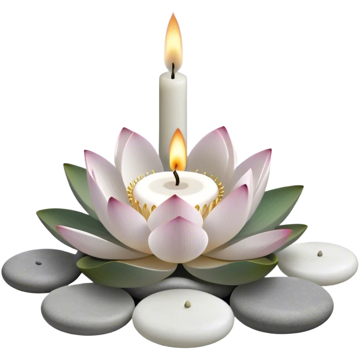 A photorealistic icon featuring lotus flowers, burning incense sticks, smooth round sea stones and multiple small round candles arranged in a calming, tranquil setting. Soft, peaceful colors with detailed textures that evoke mindfulness and inner peace. Transparent background. emoji