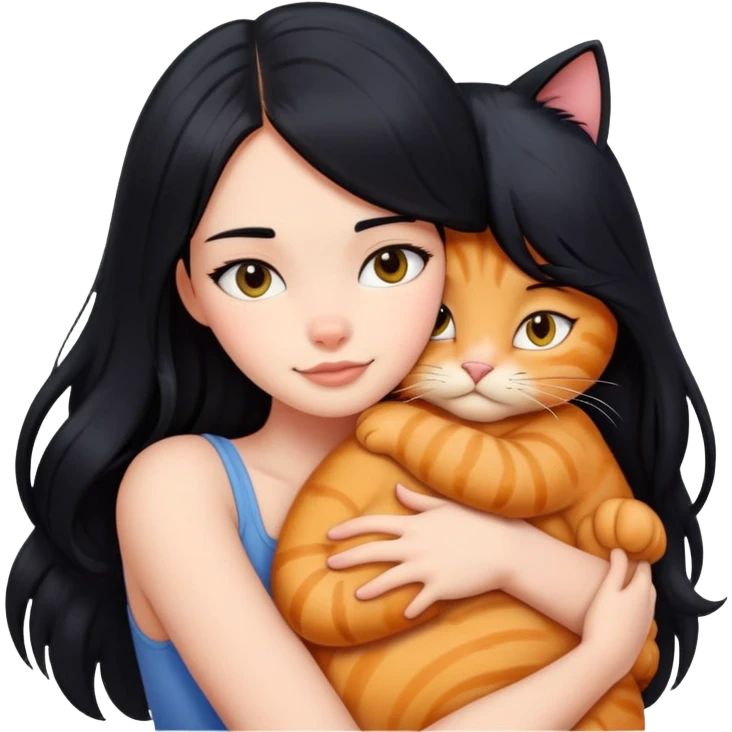 A beautiful girl with long black hair hugs a Garfield cat emoji