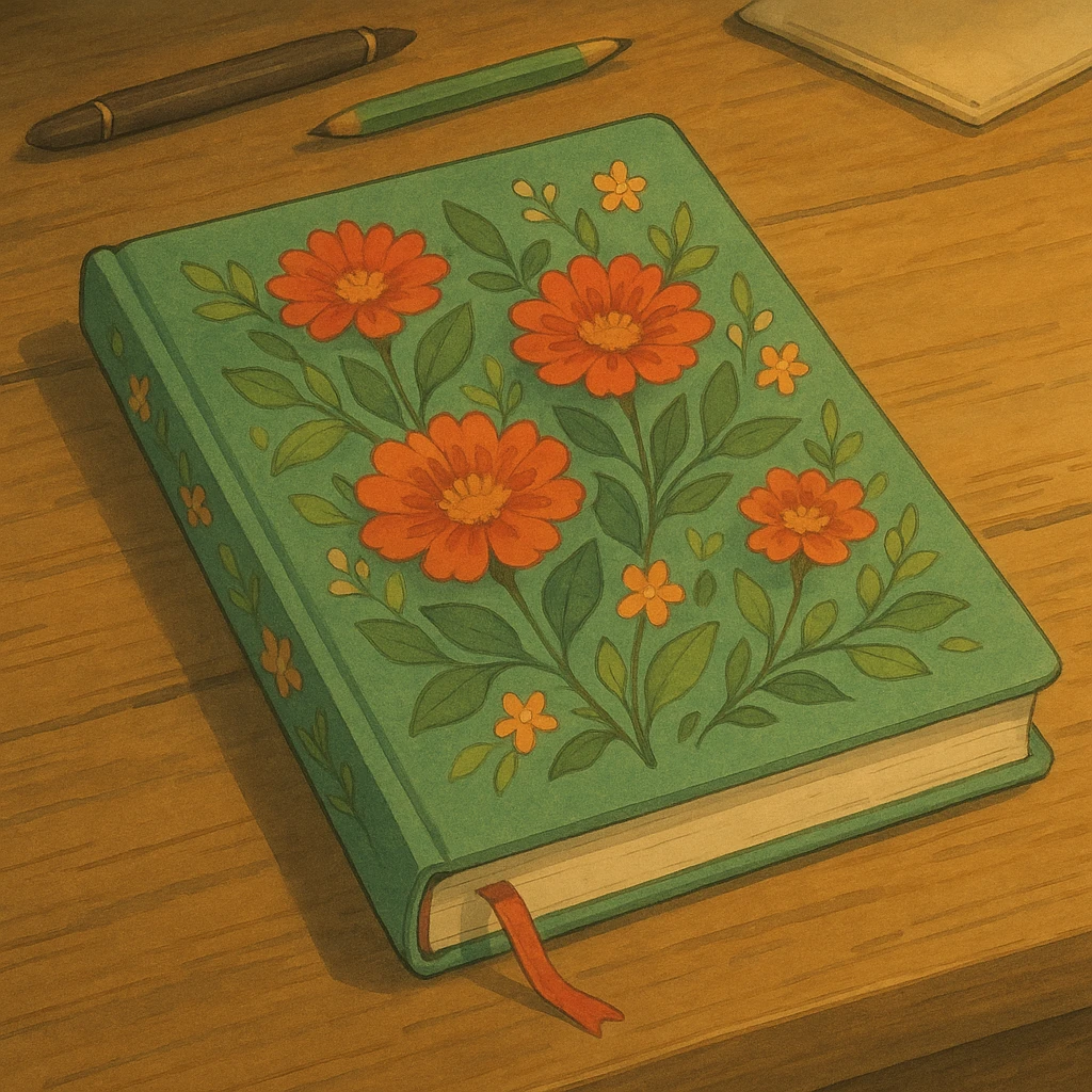 floral journal on a wooden desk emoji