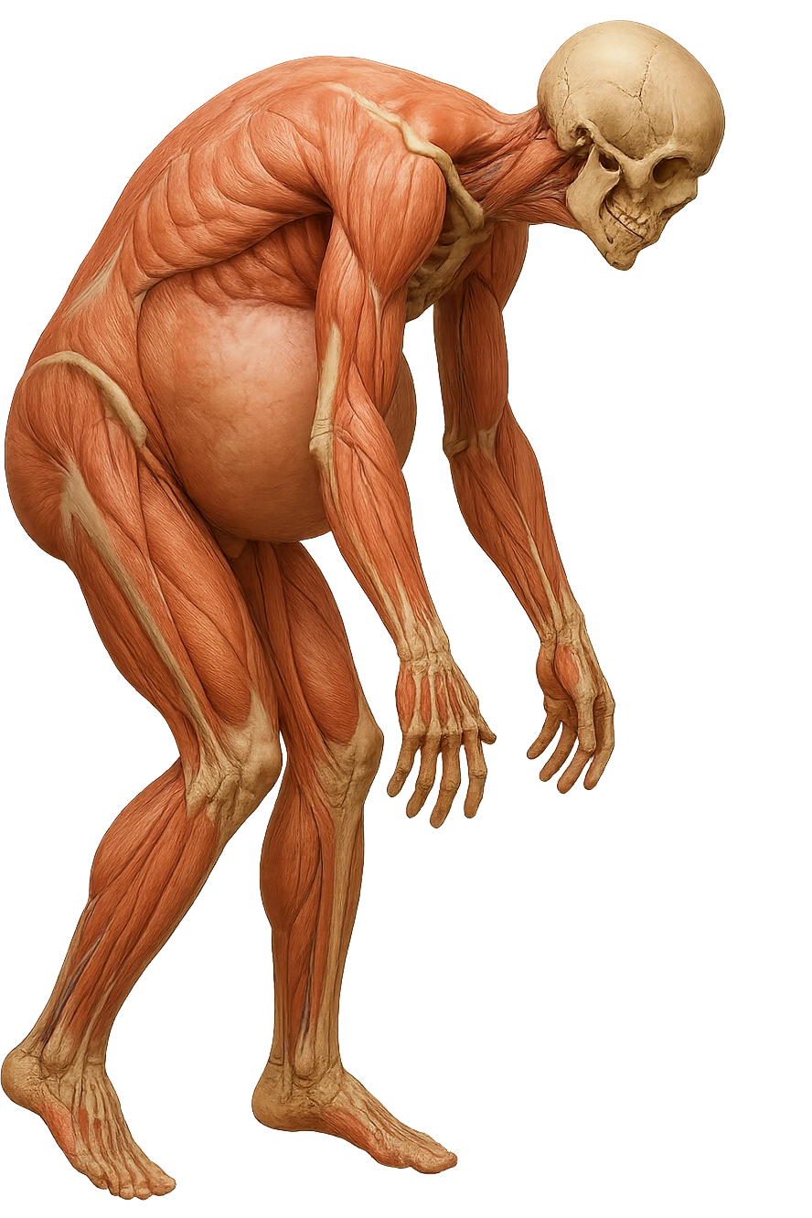 corpo umano anatomico realistico che si butta con la schiena e le spalle in avanti, pancia sporgente e postura delle spalle chiuse, isolato su sfondo bianco emoji
