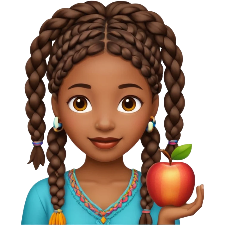 black girl with boho braids, cheerful, apple emoji style emoji